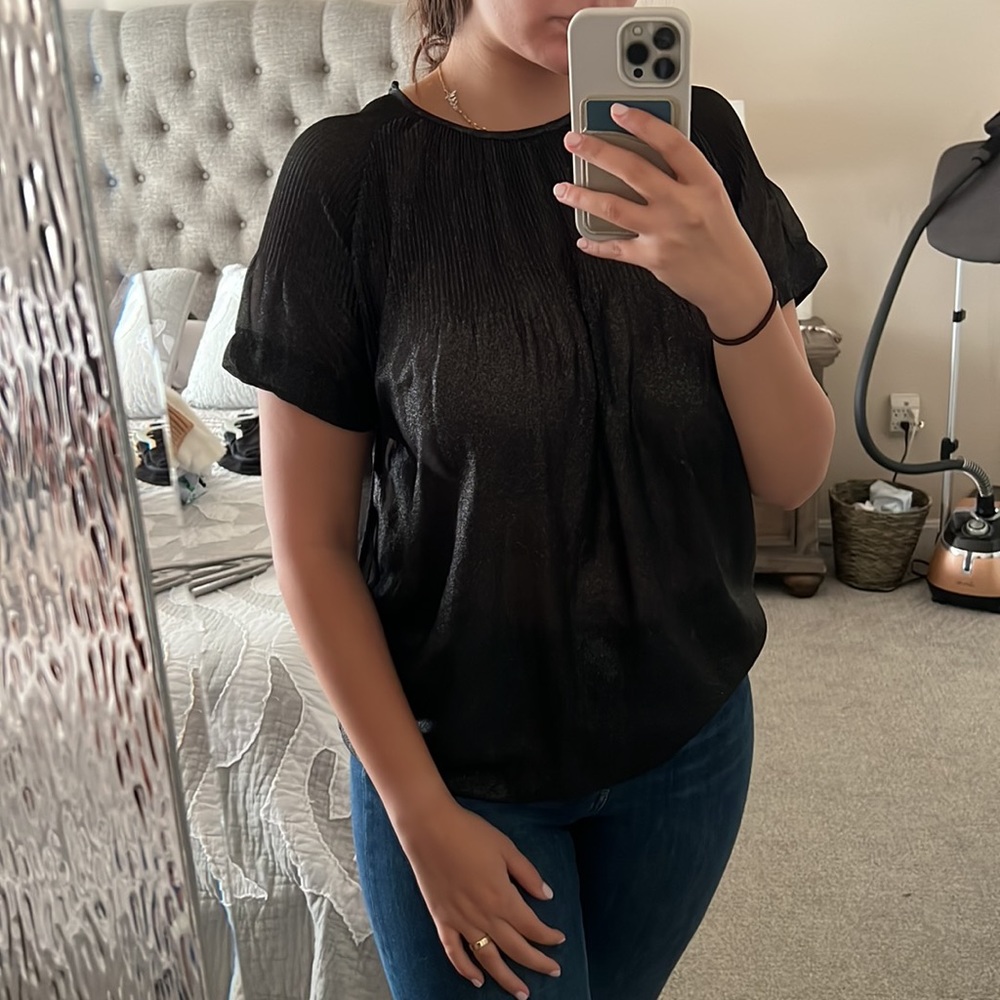 🆕 SPECIAL MOMENTS Black Sheer Sparkle Short-Sleeve Blouse - Size S/M